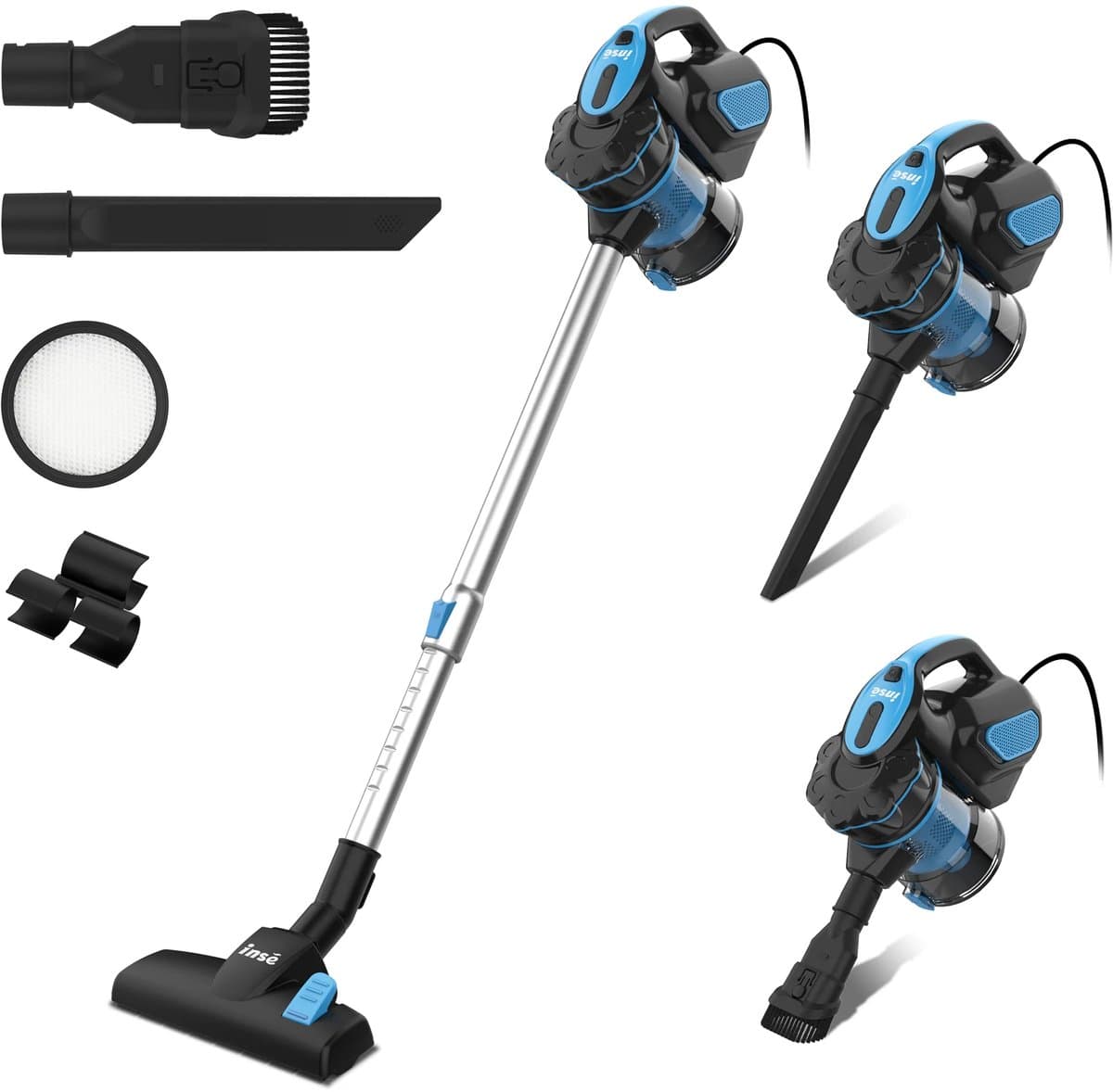 Steelstofzuiger met draad - 3 in 1 Stofzuiger zonder zak - Handstofzuiger met snoer en steel - 3 verschillende opzetstukken - 600W - blauw