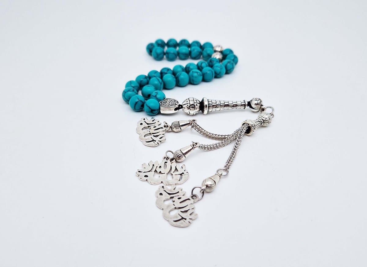 Handgemaakte tesbih "tasbih" natuursteen "Howliet groen" - Aantal kralen 33 - Diameter kralen 8 MM - met metaal tassel "model A8" - Een mooi cadeau-idee
