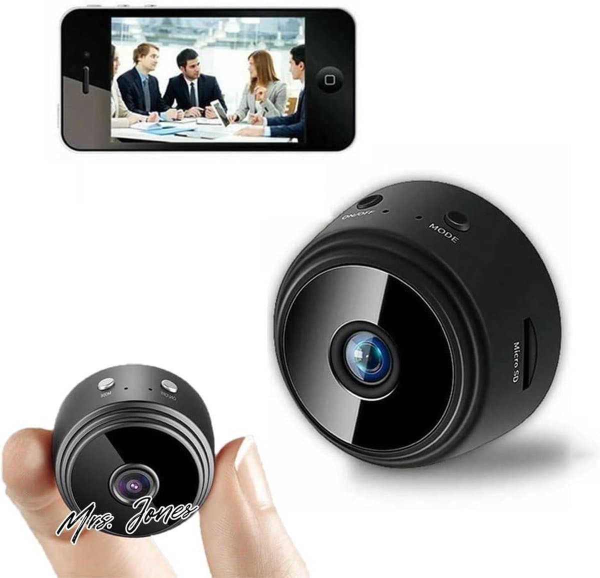 Mrs. Jones Premium Mini-microcamera - Wifi - 1080p - Draadloos - Nachtzicht - Bewegingsdetectie