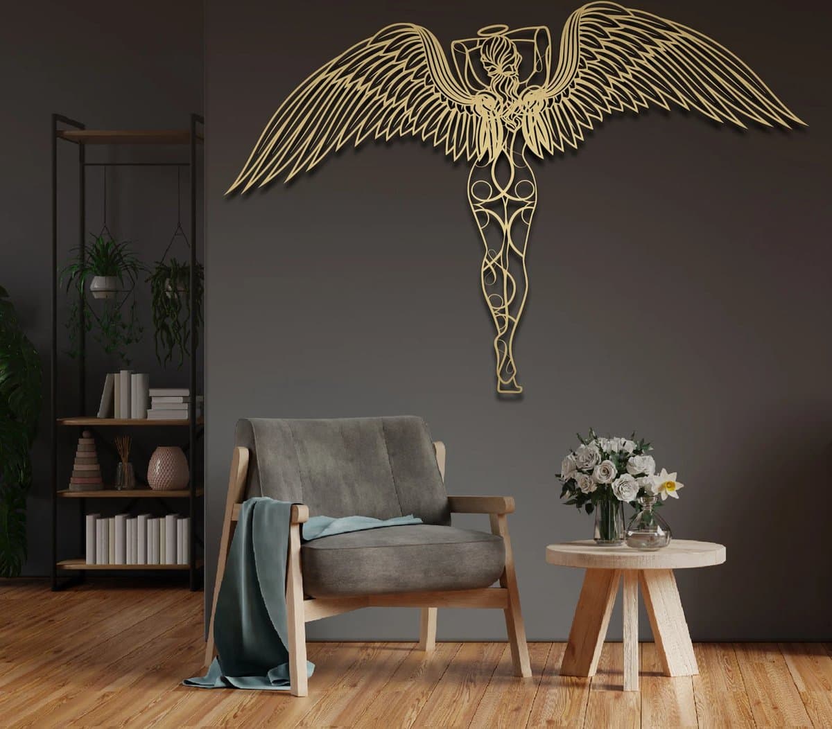 Metalen Wanddecoratie Engel – 3D Wandkunst – Goud met Zwarte Vleugels – 70 x 92 cm