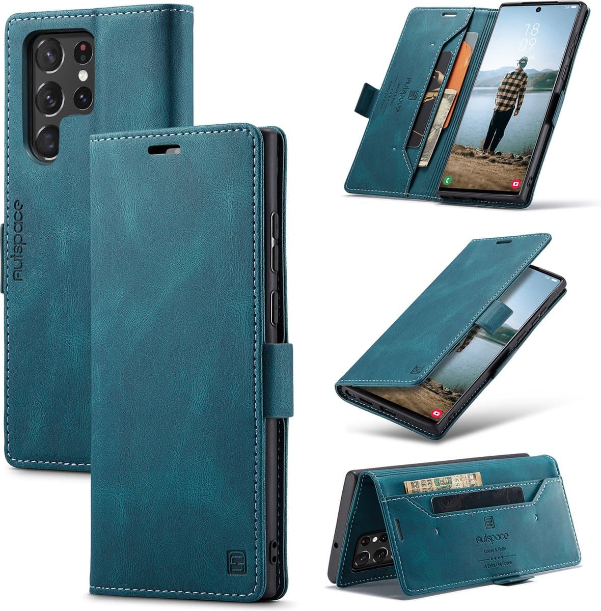 Luxe Flip Case met RFID Bescherming Kaarthouder en Magneetsluiting voor Samsung Galaxy S22 Ultra _ Blauw
