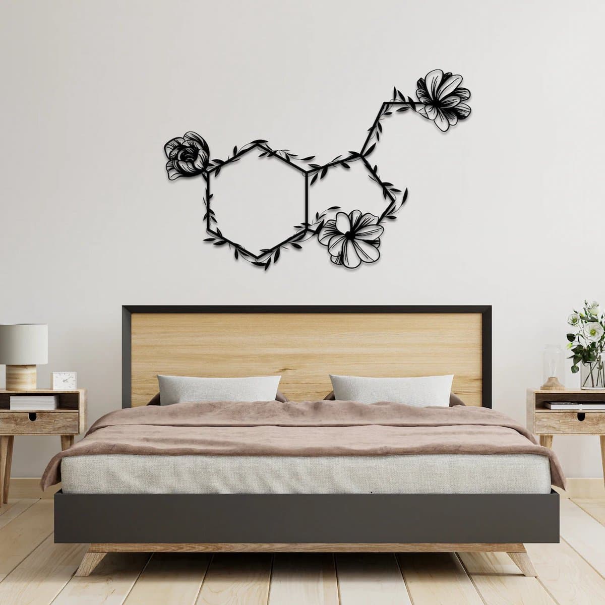 Metalen Wanddecoratie Bloemen – 3D Wandkunst – Zwart – 50 x 30 cm