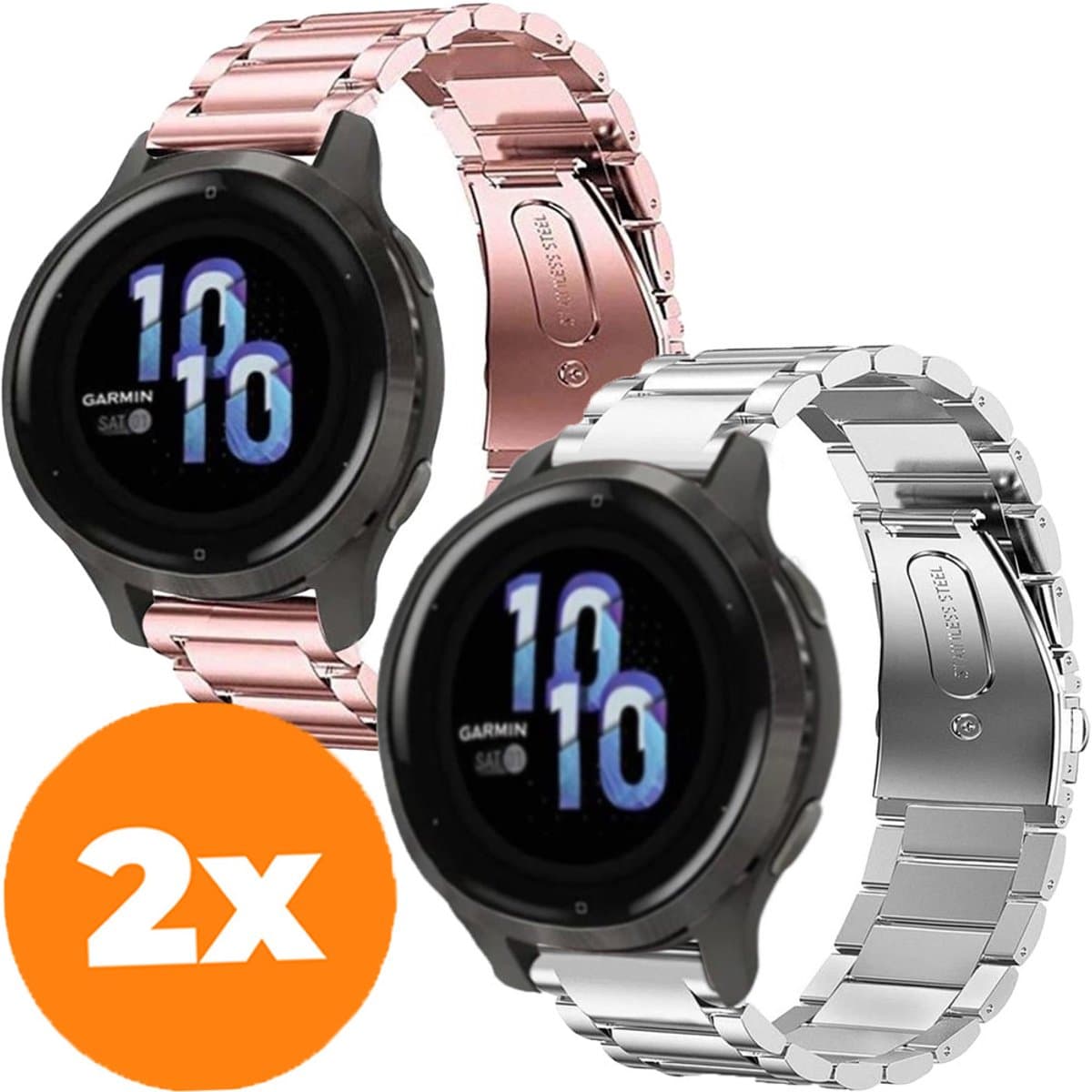 Smartwatch bandjes - 2 pack - Stalen bandje schakelarmband geschikt voor Garmin Venu 2s / Garmin Vivomove 3s / Garmin Vivoactive 4s bandje staal metaal schakels - Set van 2 - Band smartwatch metaal - Roze - Zilver