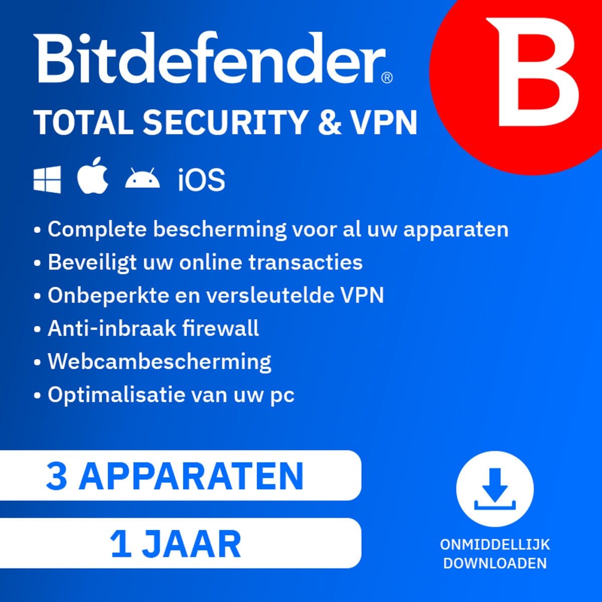 Bitdefender Total Security 2022 + VPN - 12 maanden/3 apparaten - Nederlands (PC/MAC)