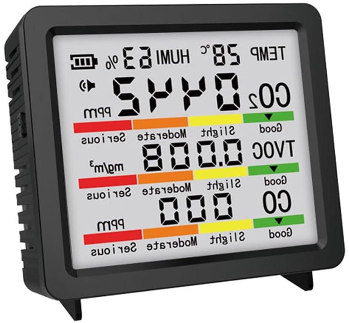 Luchtkwaliteitsmonitor - Luchtkwaliteitstester - Binnenlucht Meten - 5-in-1 Detectie - 80x38x75mm - Zwart