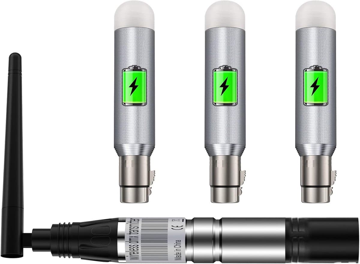 1-pack draadloze DMX512 zender en 3-pack oplaadbare DMX512 draadloze ontvanger 2.4G ISM DMX controller mannelijk/vrouwelijk voor de Moving Heads LED podiumverlichting