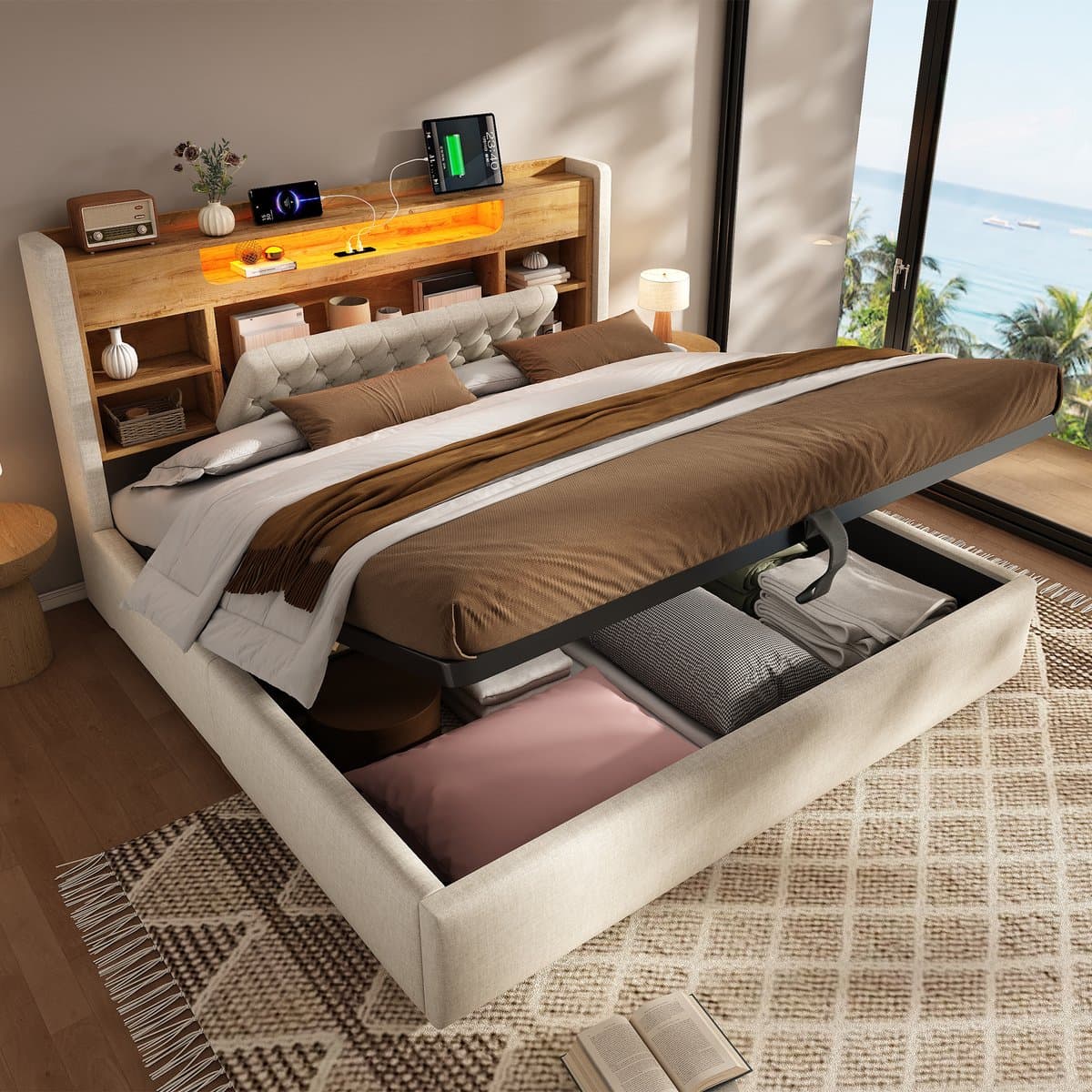 VVBV Gestoffeerd Opbergbed 160x200 cm - LED-Verlichting, USB-C Laadstation, Lades, Opbergruimte - Linnen Beige Zonder Matras
