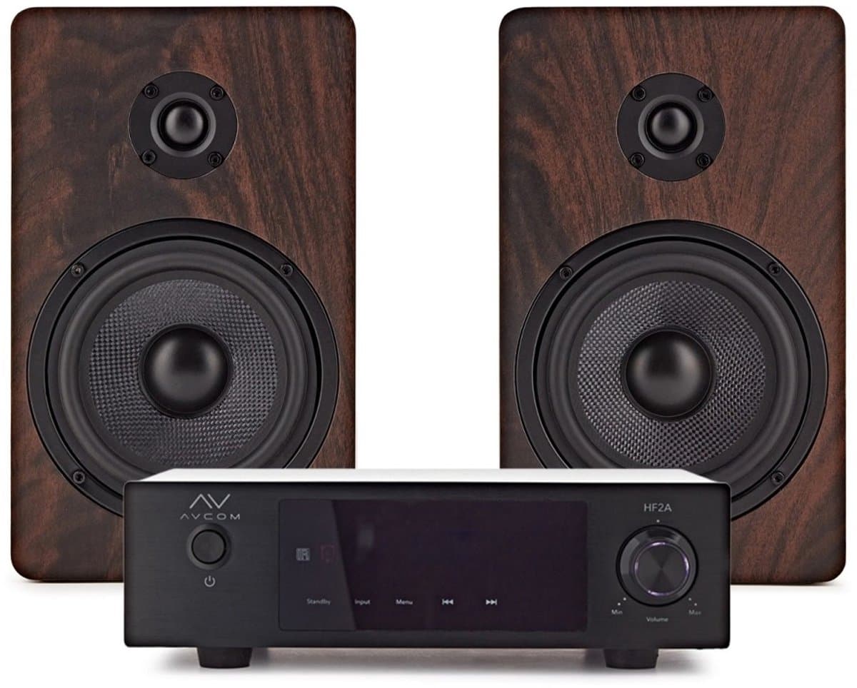 AVCOM Solid State-versterker met passieve luidspeakers, walnoot