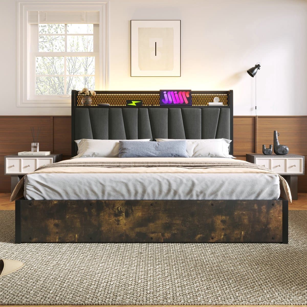 VVBV Gestoffeerd Bed 140x200 cm met Houten Lattenbodem, Hoofdbord - Lattenbodem, USB - Hout/Metaal Grijs - Zonder Matras