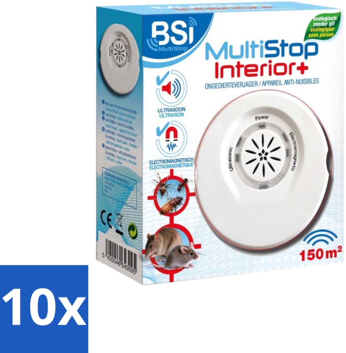 BSI – Multistop Interior Plus – Ultrasone Ongedierteverjager – Bereik tot 150 m² - Bulkverpakking - 10 stuks