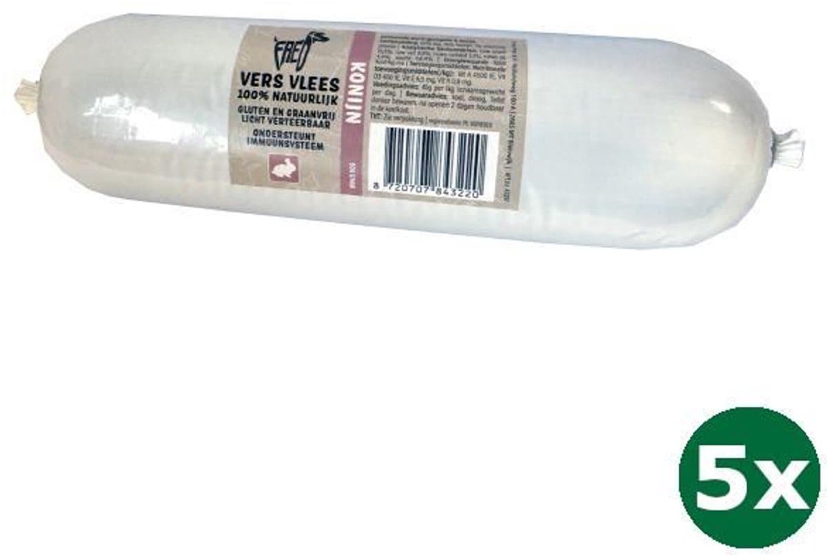 5x900 gr Freds gestoomd vers vlees worst konijn graan en glutenvrij hondenvoer