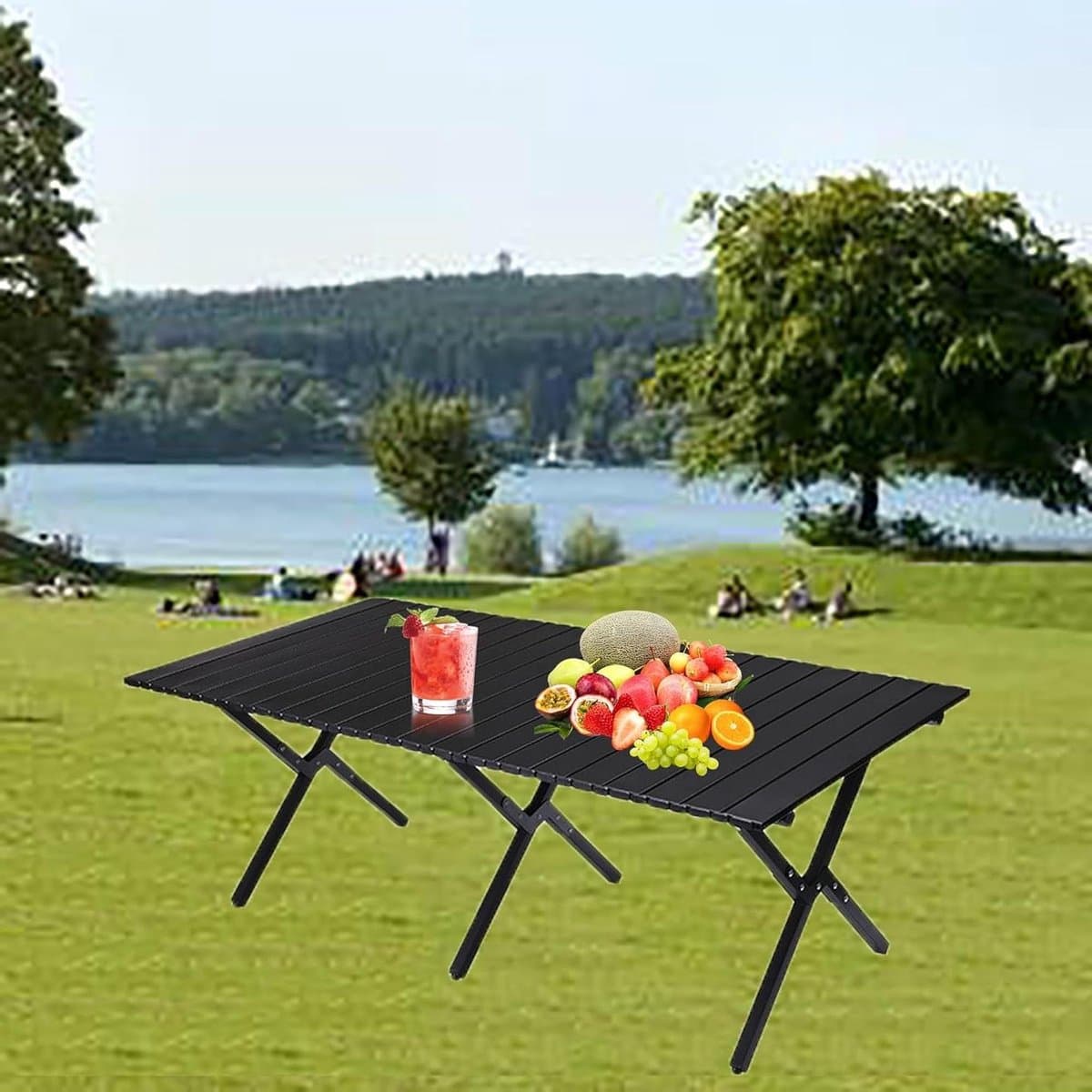 Picknicktafel Uitklapbaar - Campingtafel Opvouwbaar - Buiten Eten - Aluminium Houtlook - 120x59cm - Zwart