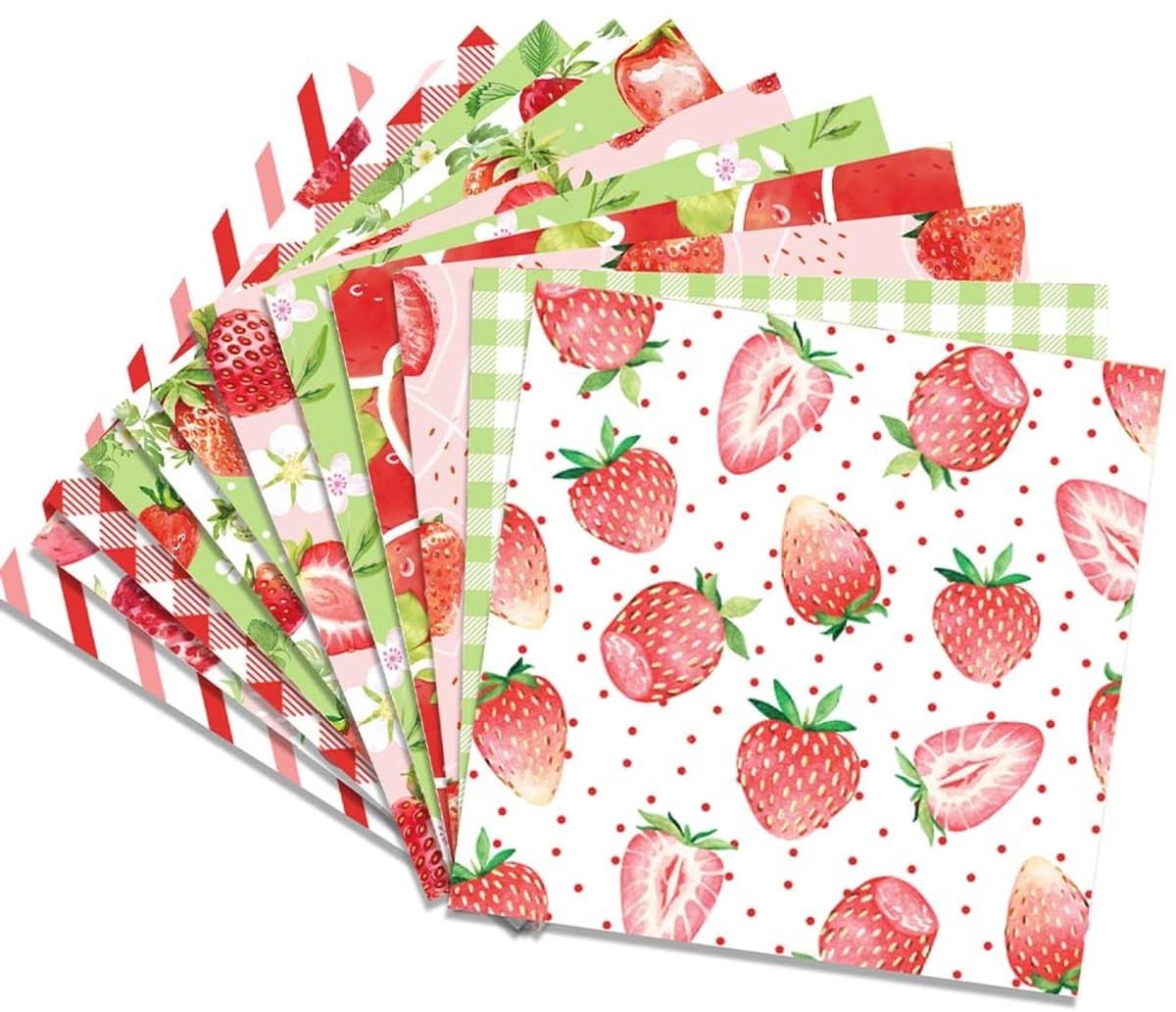 ONF3 - Scrapbook-Papierblok - Aardbeimotief - 24 Vellen - 15,2 x 15,2 cm - Eenzijdig Decoupage-Karton - Geschikt voor Kaarten Maken - Veelkleurig