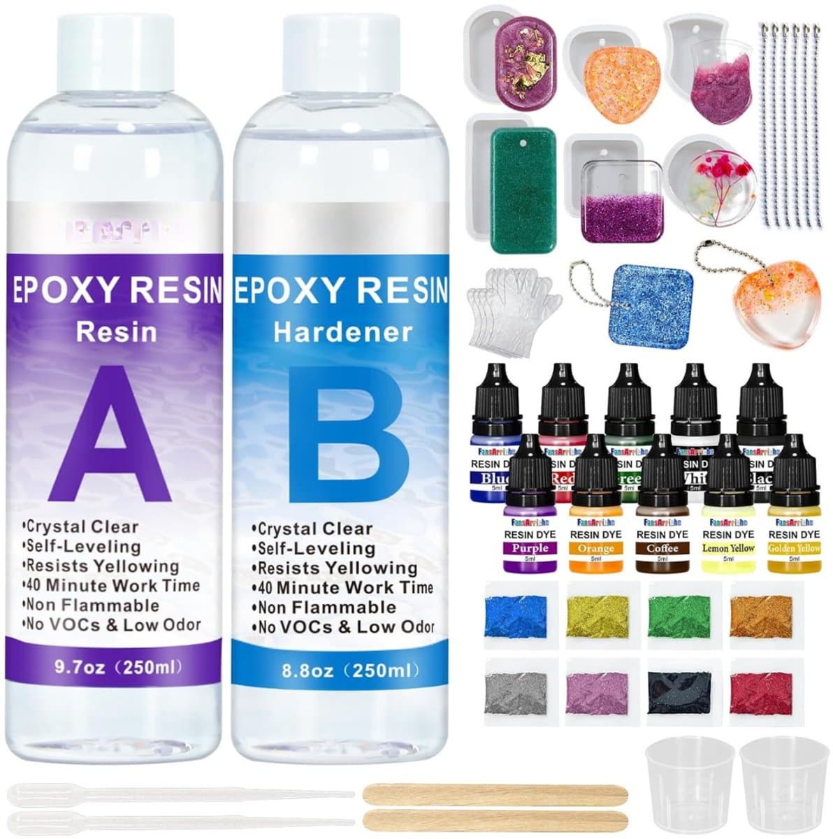 RUX® Epoxy Starterspakket - Zelf Sieraden Maken Set – Resin Starterskit Inclusief Giethars En Mallen – Compleet Pakket voor: Sieraden, Ketting, Oorbellen, Armband, Ring, Sleutelhanger - Meerkleurig - 23cm x 14cm x 6cm