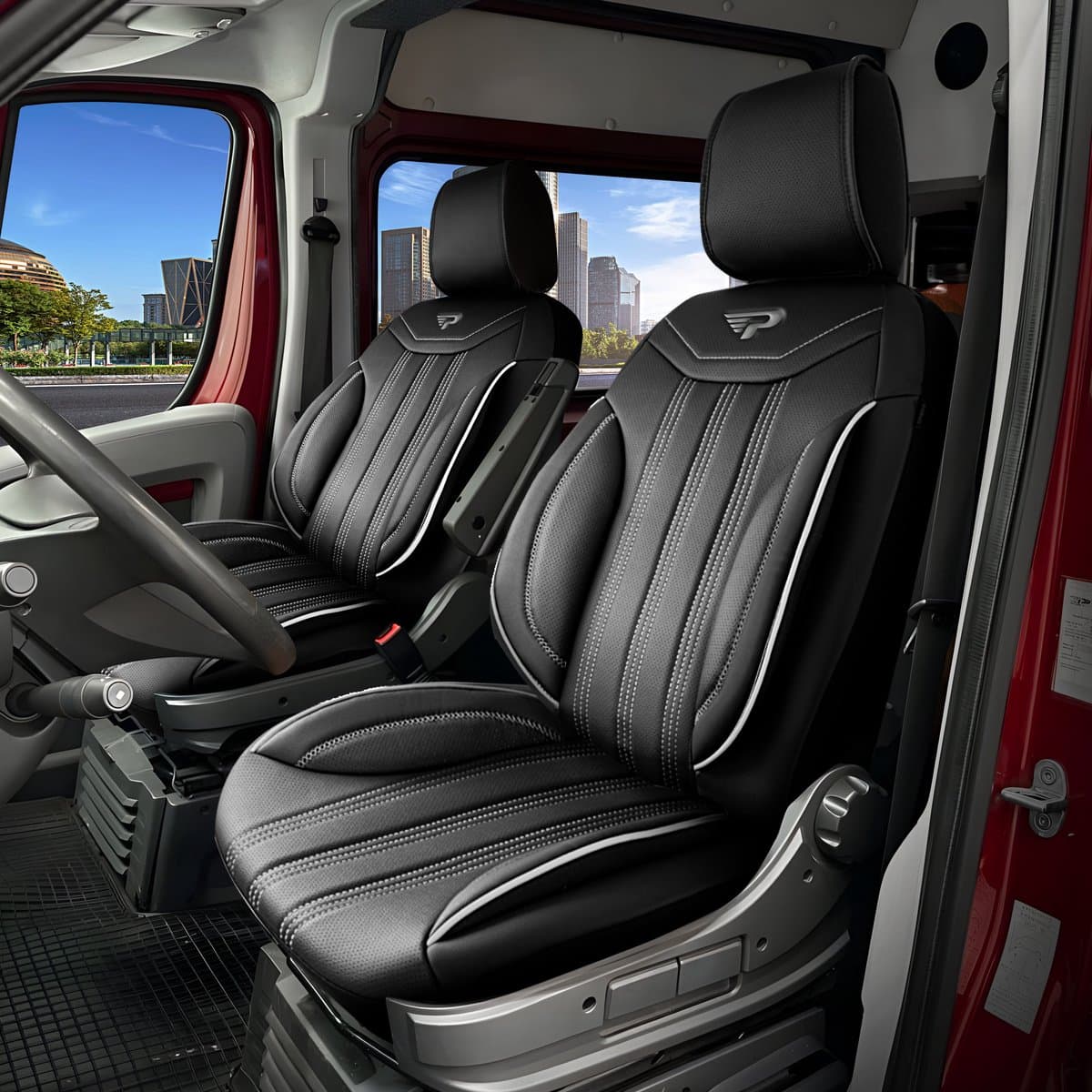 Stoelhoezen Nissan Townstar Electric Van 2022 - heden – Miami Zwart/grijs – luxe skai-leer autostoelhoezen – perfecte pasvorm – slijtvast – eenvoudig te monteren – set voor Stoel/Stoel