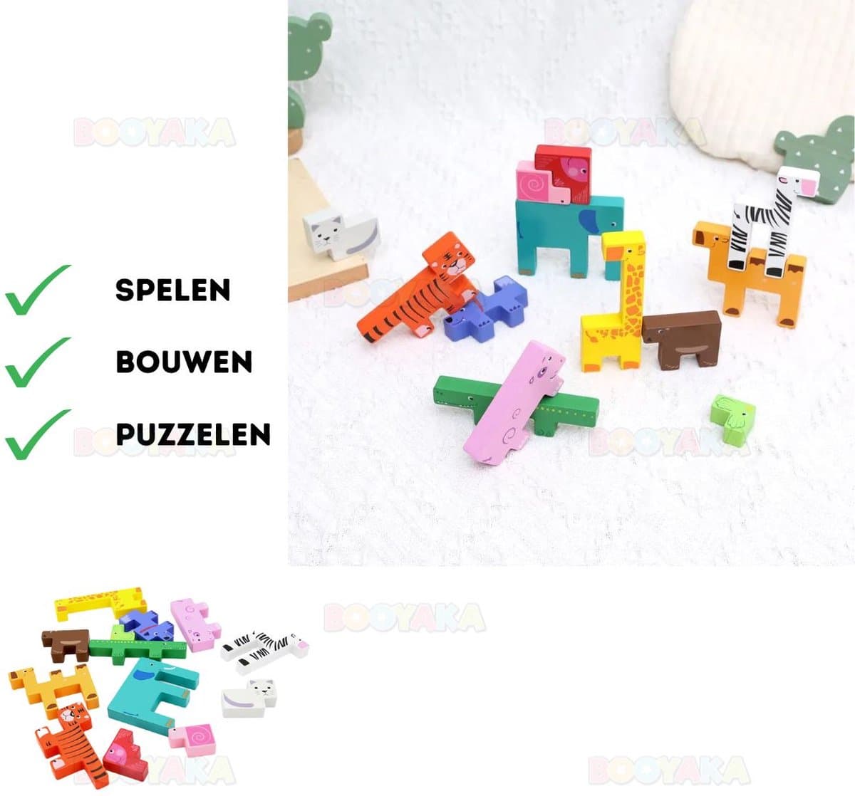 Booyaka® Puzzelen, bouwen en spelen met houten dieren - Bouwen speelgoed – Puzzel - Balansspel - Creatief kinderen - Creatief speelgoed - houten puzzel - Houten speelgoed - Bouwen - Houten dieren speelgoed - Blokken - Bouwblokken - Jigsaw puzzel