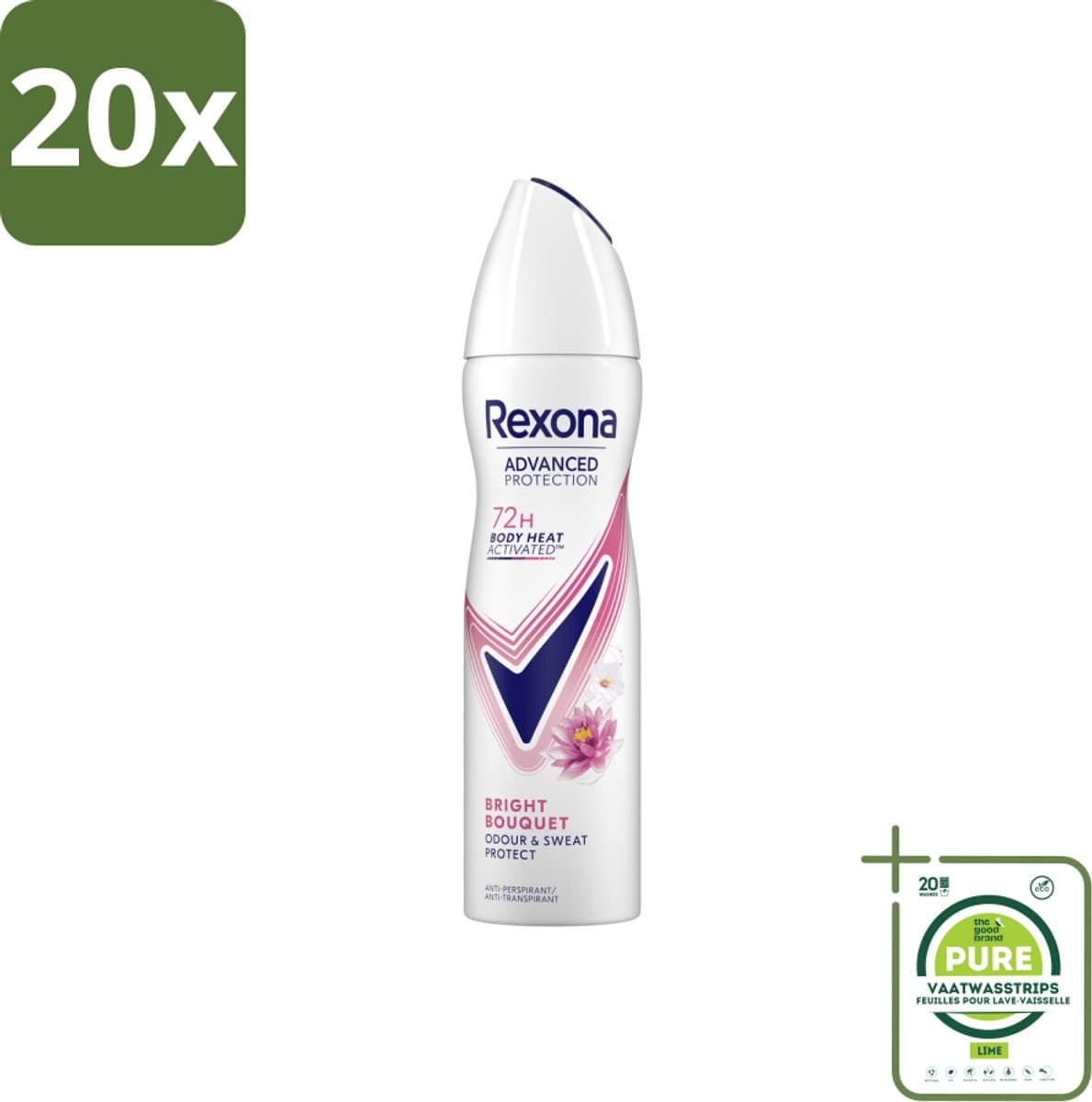 20 x Rexona Deodorant Spray Advanced Protection Bright Bouquet 150 ml - Grootverpakking - Anti-transpirant Spray - Zweetvermindering - Lichaamsgeur - Frisse Geur - Vrouwelijke Geur