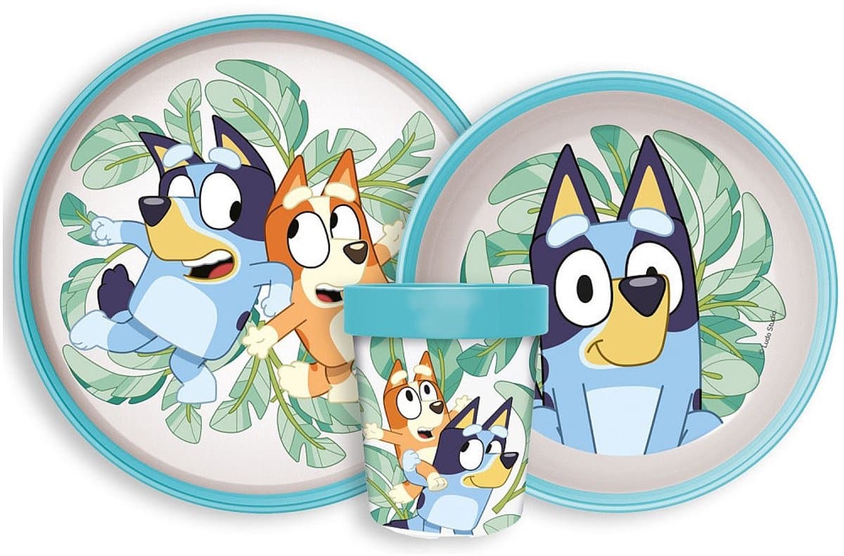 Bluey Serviesset - Beker 260 ml - Diepe kom - Plat bord - 3 stuks - Tropical - Antislip eetset - Voor verjaardagen en feestjes - Voor kinderen