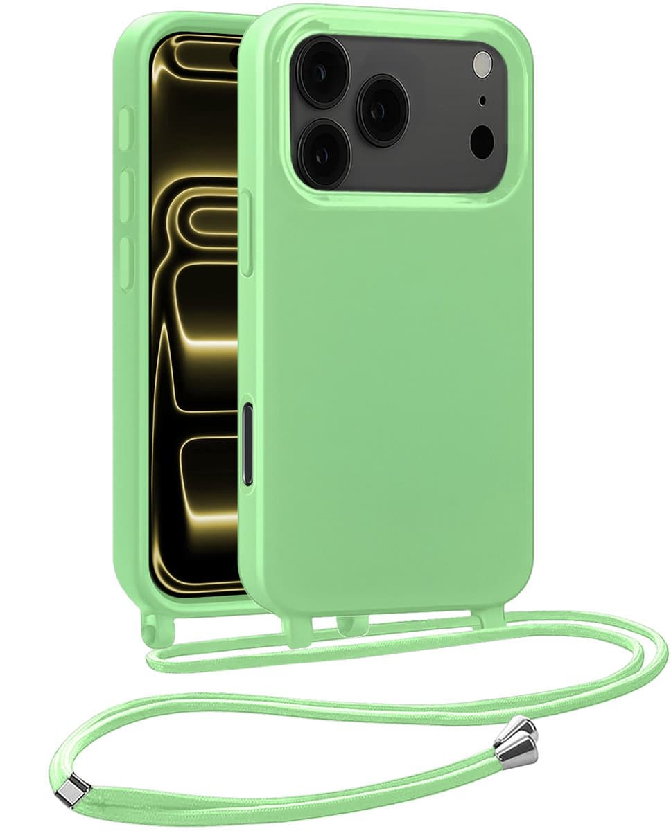 Hoesje Geschikt voor iPhone 17 Pro Hoesje Met Koord Siliconen Case - Hoes Geschikt voor iPhone 17 Pro Backcover Met Afneembaar Koord - Groen