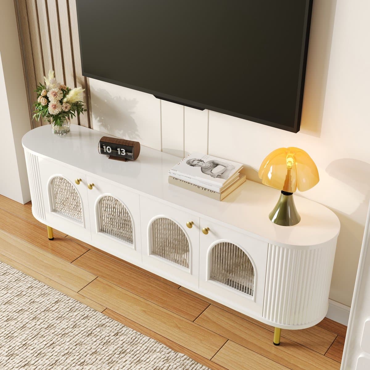 OKWISH Tv Meubel - 170×35×55 Cm - 4 Glazen Deuren Met Dempingscharnieren - Kabeldoorvoer Voor Woonkamer - MDF Wit Goud