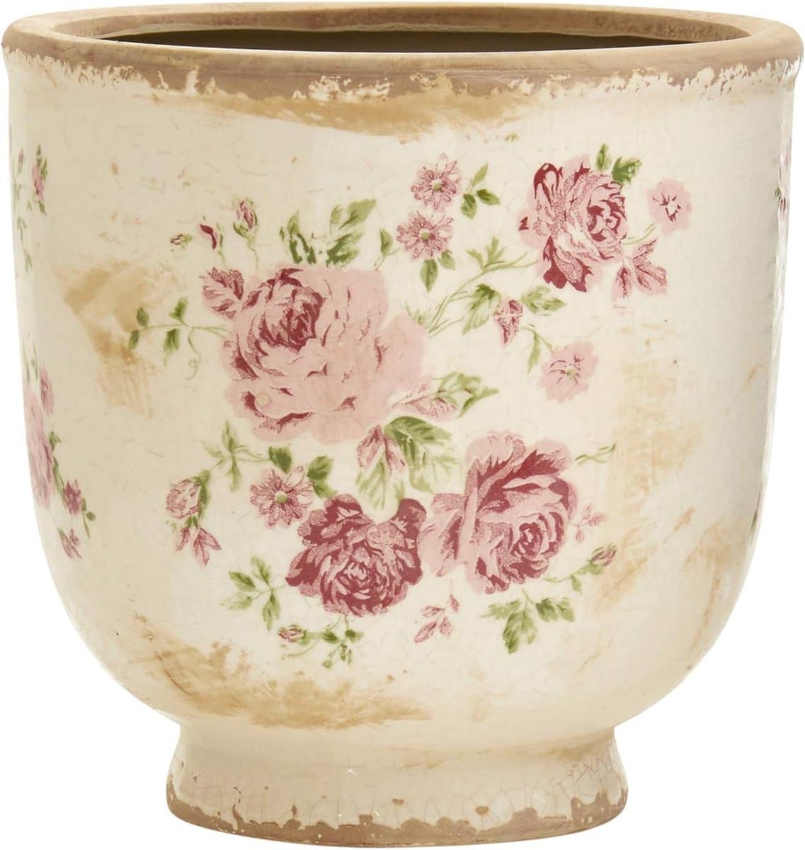 Keramische Plantenbak - Bloempot Sierpot - Binnen Decoratie - Handbeschilderd Bloemmotief - 19 cm Hoog - Groen