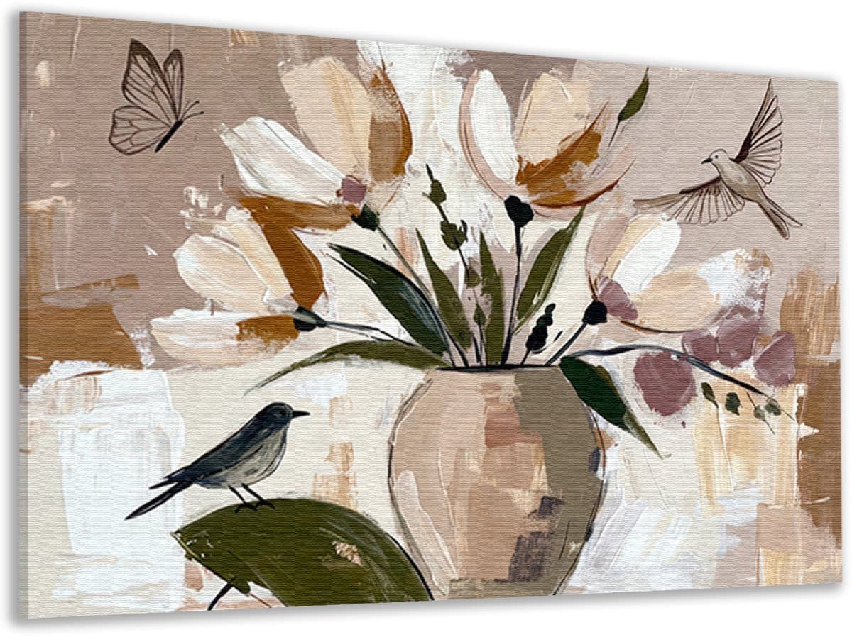 Canvas schilderij - Vaas bloemen - Vogels - Japandi stijl - Crème - Beige - Decoratie slaapkamer - Lente - Moderne in huis - 60x40 cm