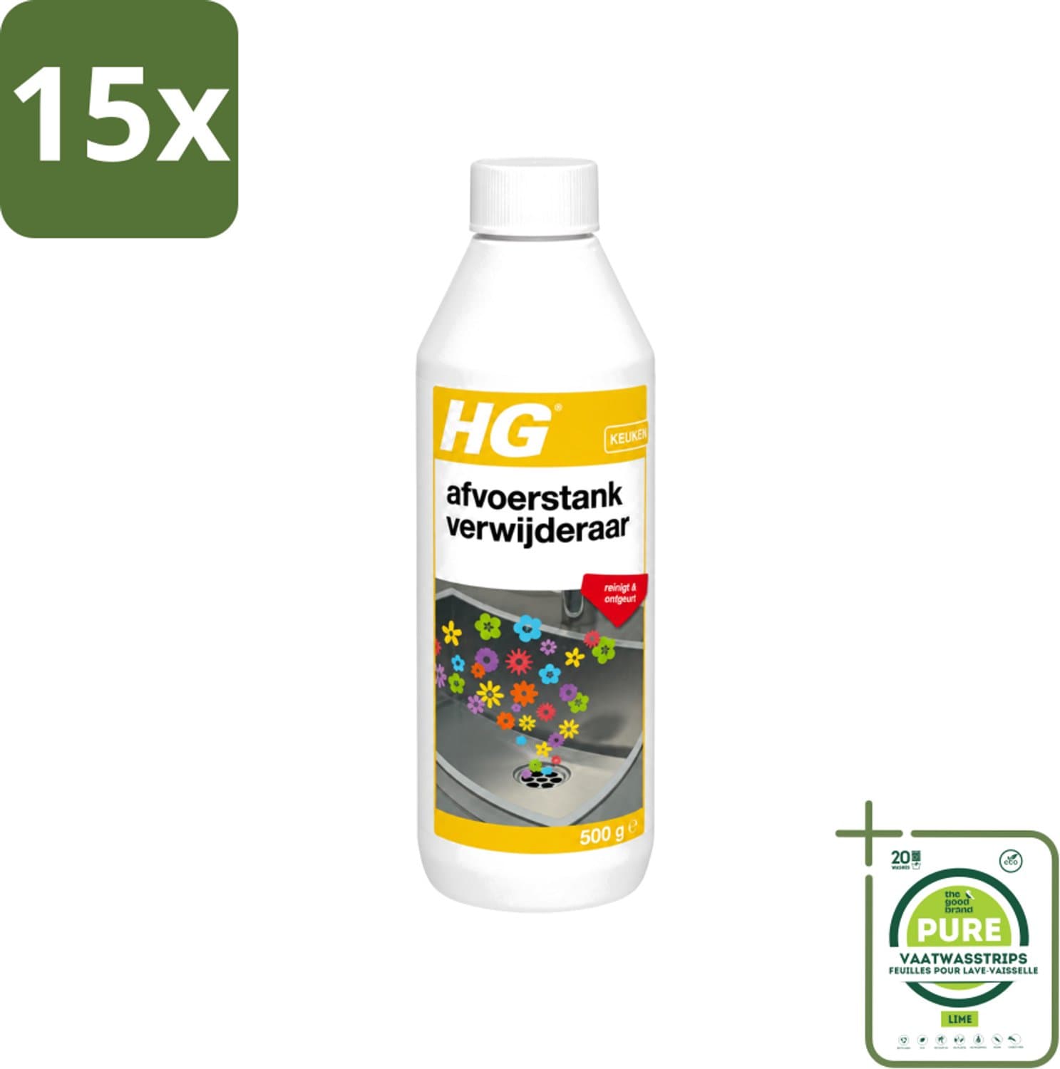 15 x HG - Afvoerstank Verwijderaar - Reinigt & Ontgeurt - 10 Behandelingen - 500 g - Grootverpakking - Vaatwasstrips - Afvoerstankverwijderaar - Afvoer Reinigen - Afvoer Geur - Afvoer Ontgeurt - Afvoer Vervuiling