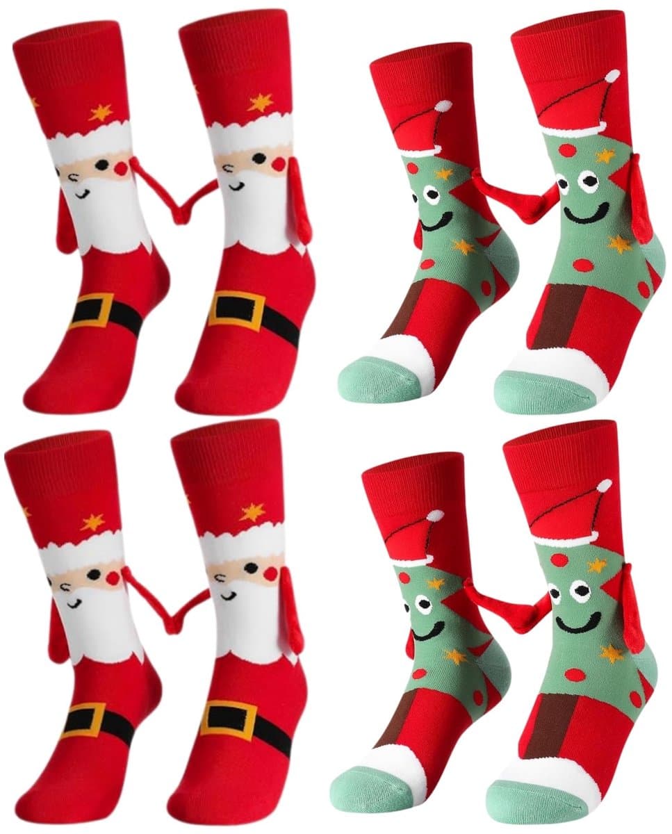 Namajunas - 4 Stusk kerst Sokken die Handjes vasthouden met Magneet - sokken - huissokken - sokken heren & dames - sokken kinderen - middenkuitsokken - cadeau - creatief sokken - kerstman & kerstboom patronen - Maat 35-42 - Voor kerst, familie, feest