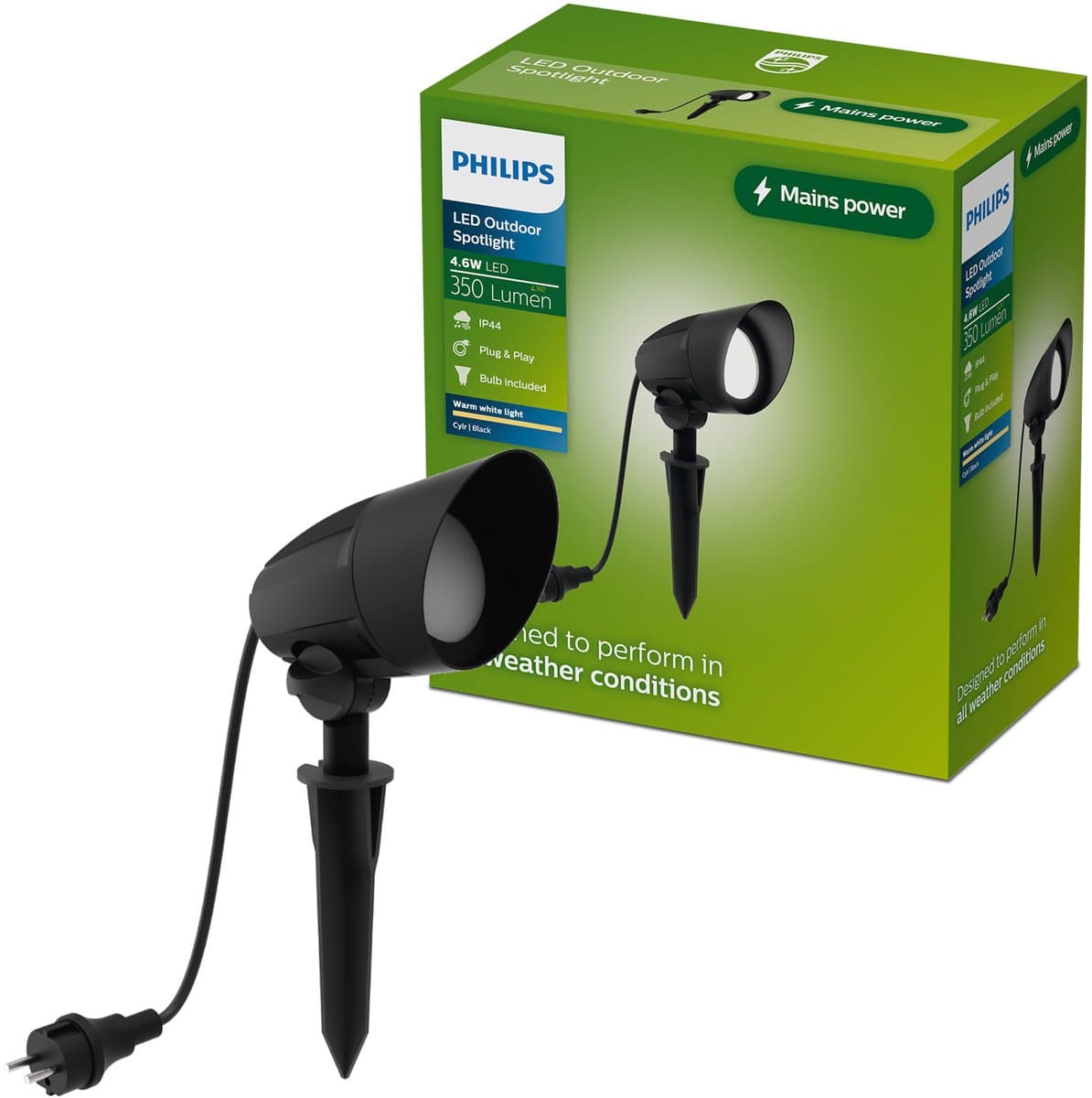 Philips Cylr Grondspot - Buitenverlichting - Warmwit licht: 2700K - GU10 LED-spot meegeleverd - Weerbestendig: IP44 - Zwart - Stekker