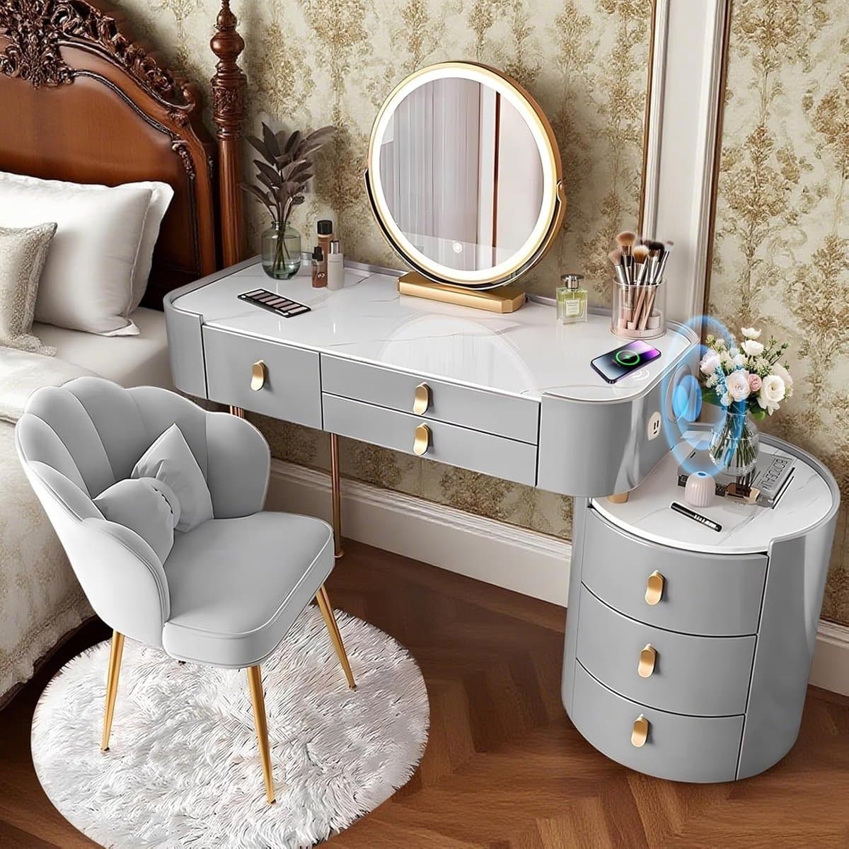 Make-uptafel met Spiegel en LED Verlichting 100x40x76 cm – Novihome Luxe Kaptafel met Bluetooth Luidspreker, Draadloos Opladen, USB-Poort, Glasplaat, Kruk en Laden – Moderne Grijs-Gouden Schminktafel voor Slaapkamer
