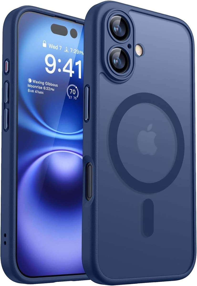 Hoesje Geschikt voor iPhone 16 Plus Hoesje Donker Blauw - Hoesje Geschikt voor MagSafe iPhone 16 Plus - Shockproof Back Cover met Lens beschermer