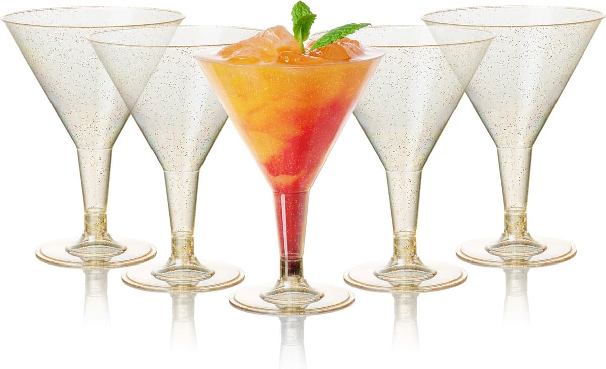MATANA - 48 Herbruikbare Plastic Martiniglazen 210ml - met Gouden Glitter - Cocktailglazen