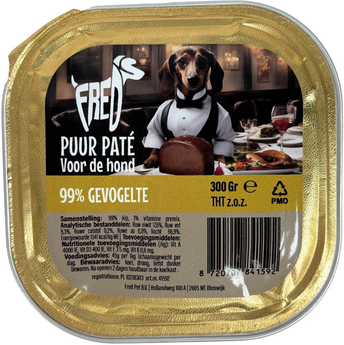 Hondenpaté Freds - Puur Gevogelte - Graanvrij, 9x300gr, 99% Vlees