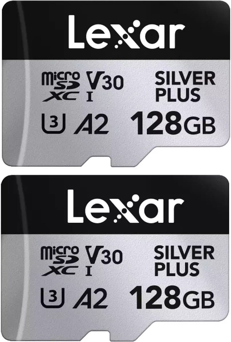 Lexar microSDXC Silver Plus UHS-I 128GB (2-pack) - Lezen 205MB/s, Schrijven 150MB/s - V30