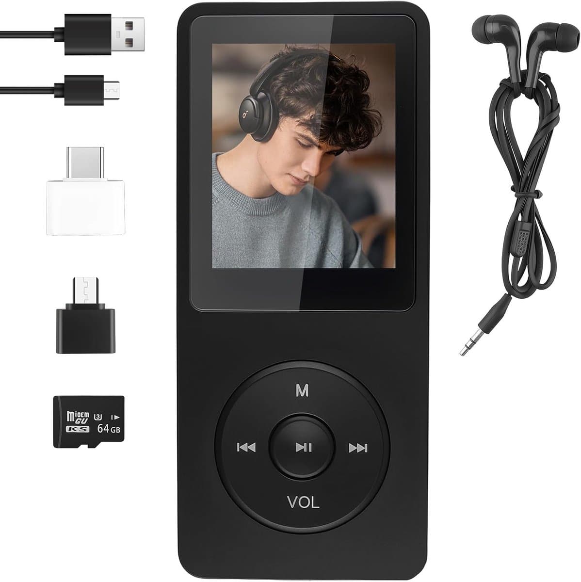 MP3-speler, 64 GB, bluetooth 5.3, muziekspeler met luidspreker en HD-geluid, hifi-geluid, verliesvrije audiospeler met FM-radio, dicteerapparaat, tot 128 GB TF-kaart, draagbaar voor sport, joggen
