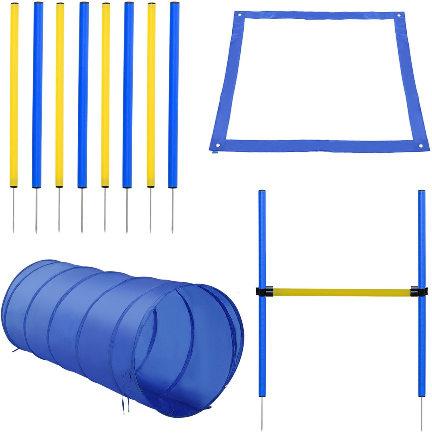 Agilityset 4-delig: hondentunnel- 8 slalomstokken- geel+blauw