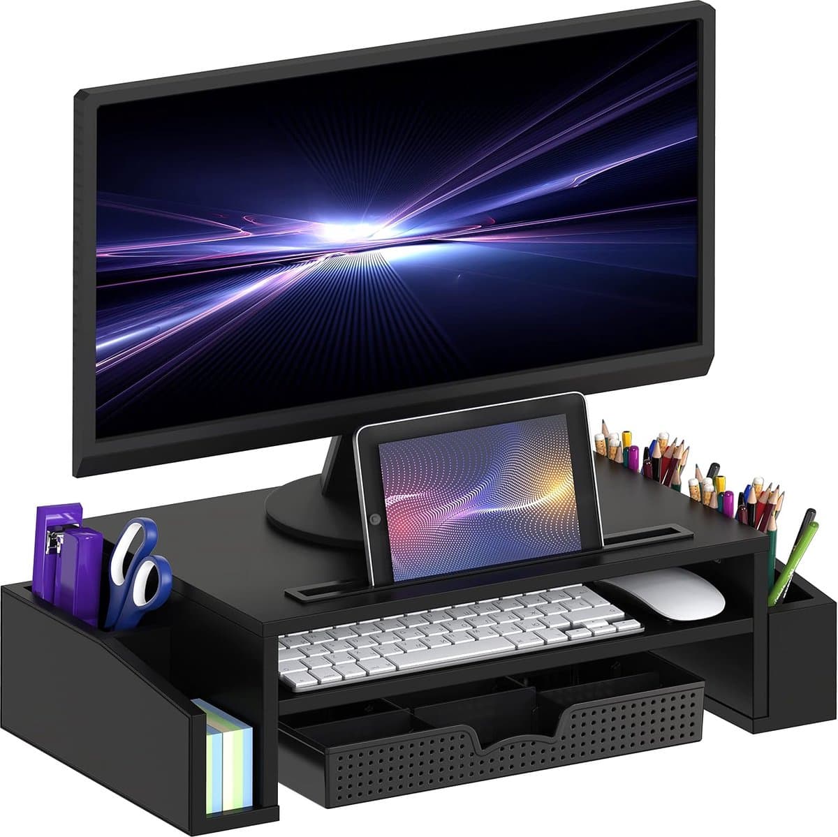 Houseware Bureau Monitor Stand Riser met Verstelbare Organizer lade, Zwart