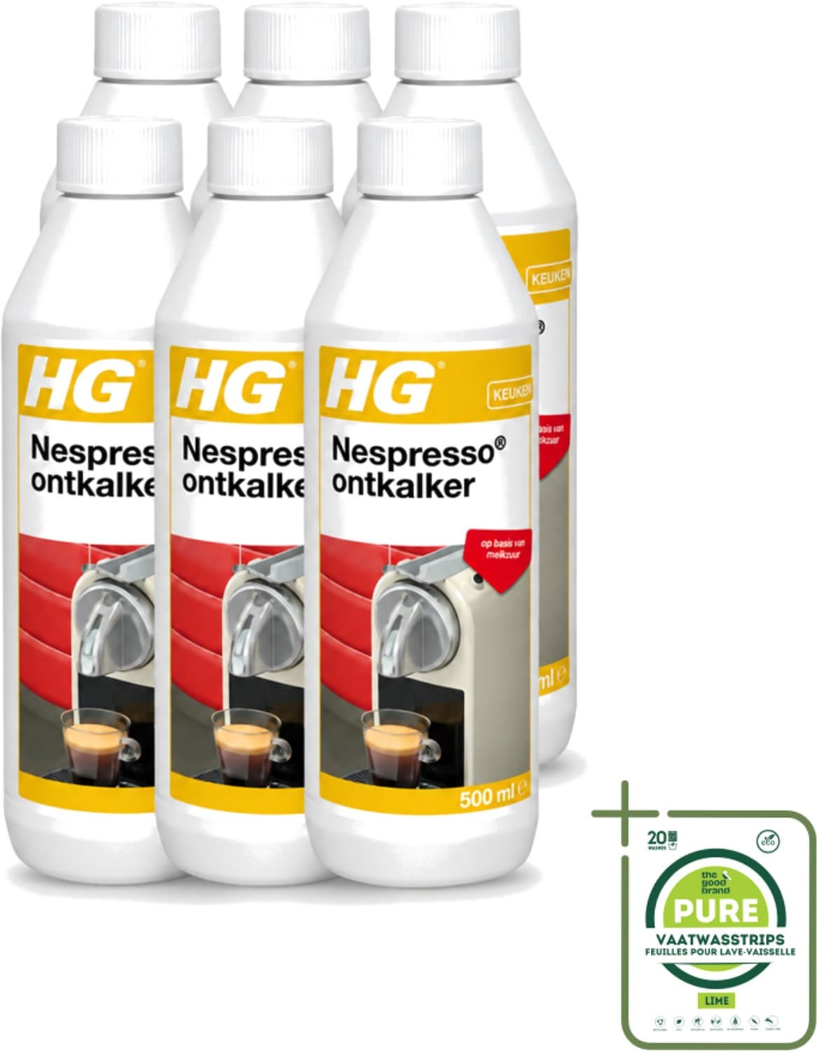 6 x HG - Nespresso Ontkalker - Op Basis Van Melkzuur - 4 tot 5 Reinigingsbeurten - 500 ml - Grootverpakking - Vaatwasstrips - Ontkalken Nespresso Machine - Ontkalkmiddel - Melkzuur Ontkalker - Kalkvoorkomend - Biologisch Afbreekbaar