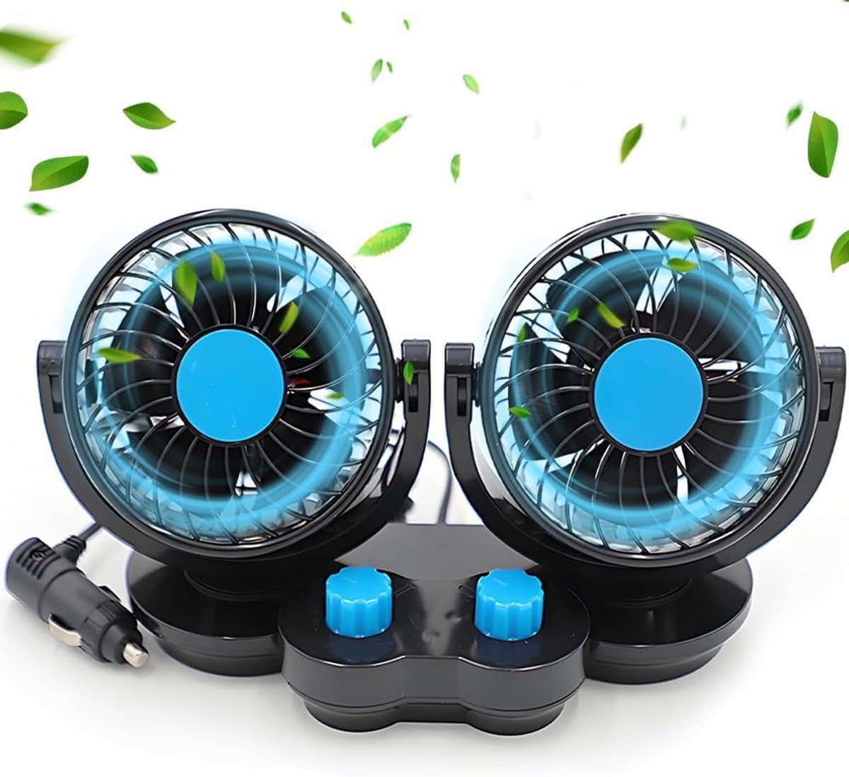 Autoventilator, 12 V, dubbele kopventilator, 360 graden draaibare dubbele kopventilator met 2 snelheden, stille ventilator met sigarettenaanstekerstekker voor SUV, camper, boot, camper, ATV