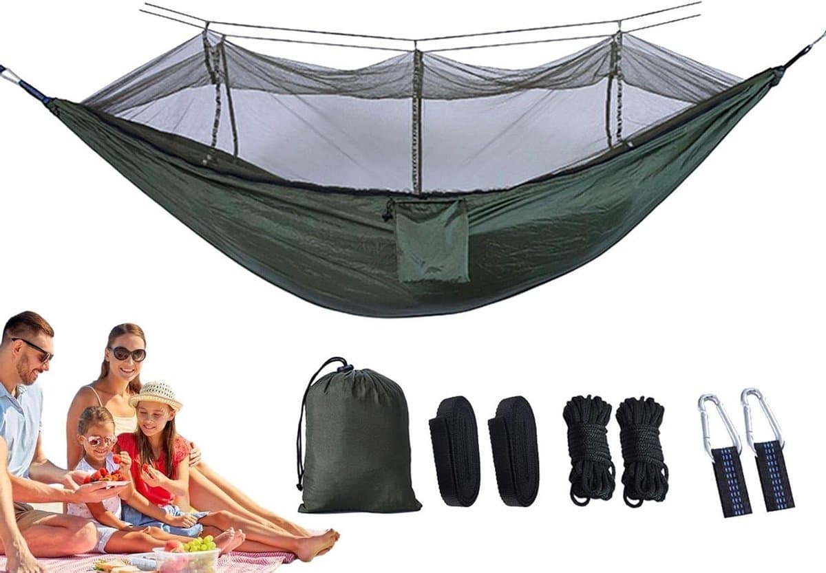 Hangmat met Net - Kampeerhangmat Vliegengaas - Buiten Ontspannen - Lichtgewicht Draagbaar - 220cm x 140cm - Donker Leger Groen