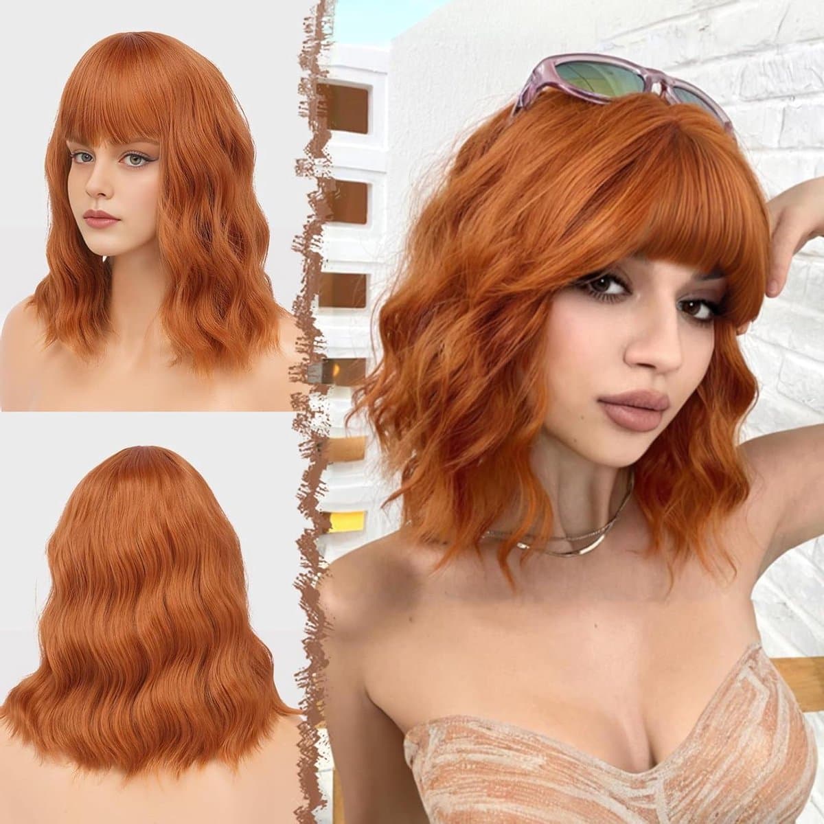Golvende Bob Pruik - Pruik met Franje - Feest Cosplay - Natuurlijk Ogend Haar - 35 cm - Donker Oranje