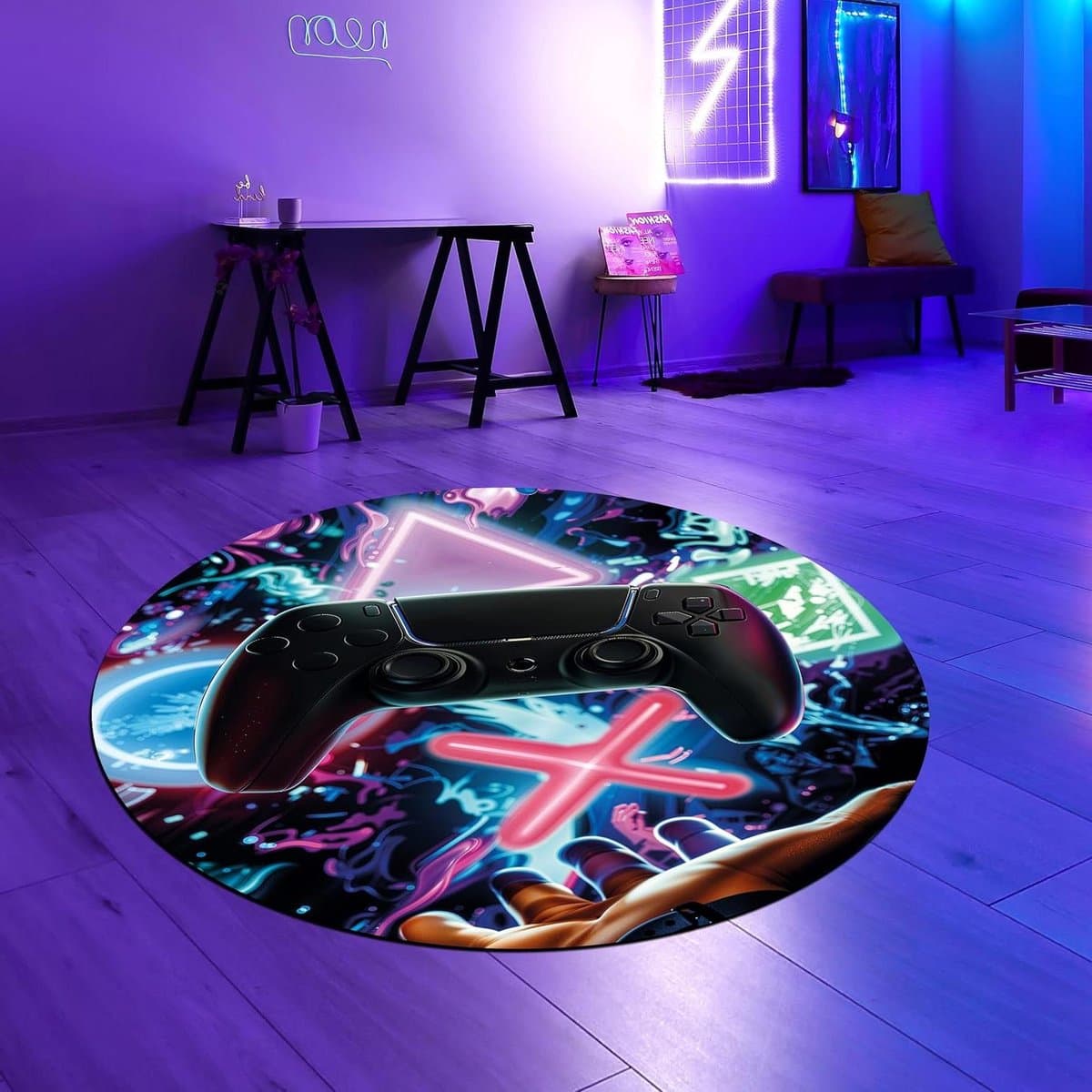 Gaming Vloerkleed - Speeltapijt Controller Tapijt - Gaming Setup Verfraaien - Antislip Basis - 200 cm Rond - Neon
