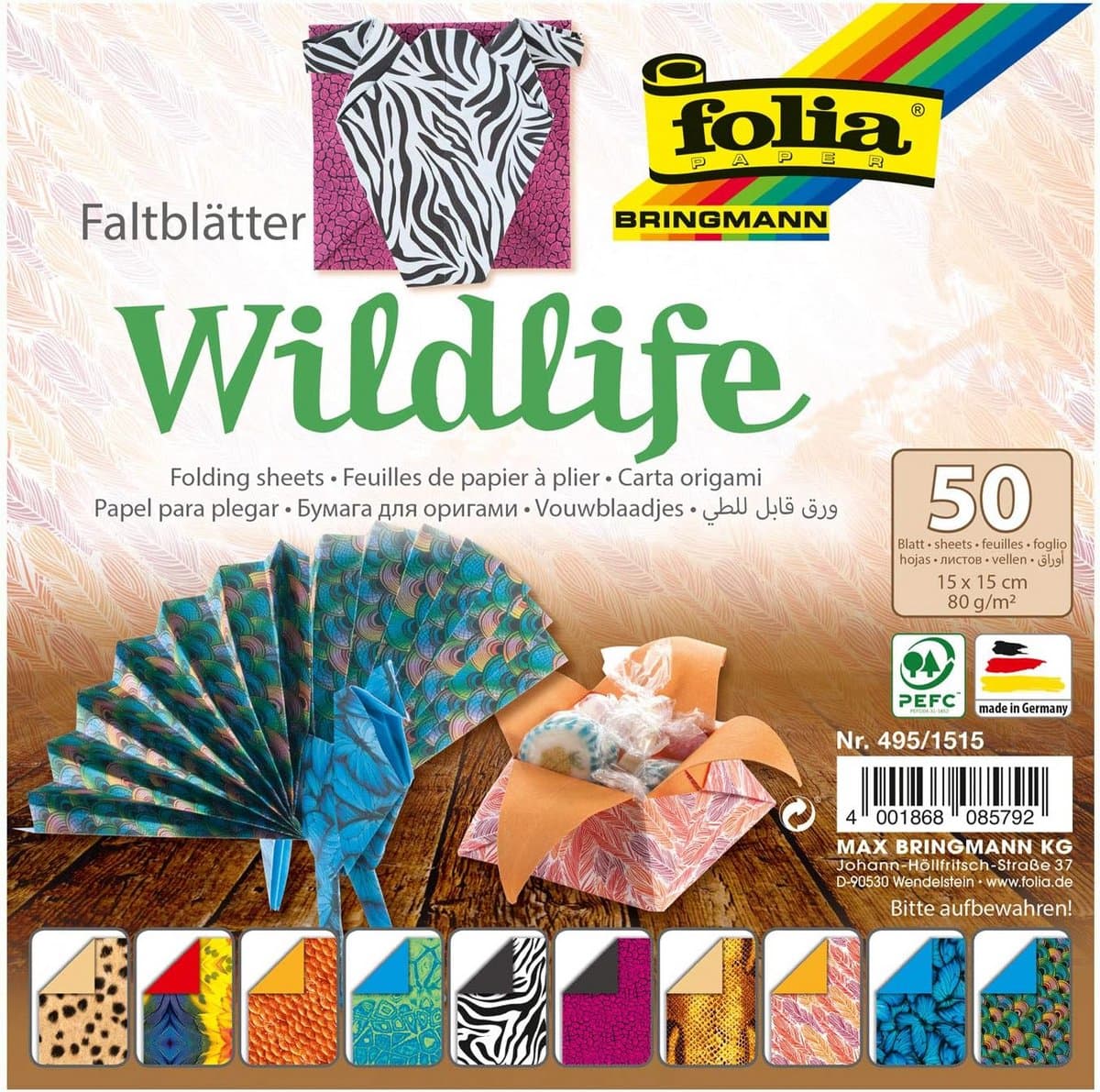 Vouwbladen Wildlife 15x15 cm - 50 Vellen 80 g/m² - Origami Papier Set met 10 Verschillende Motieven voor Knutselen en Vouwen