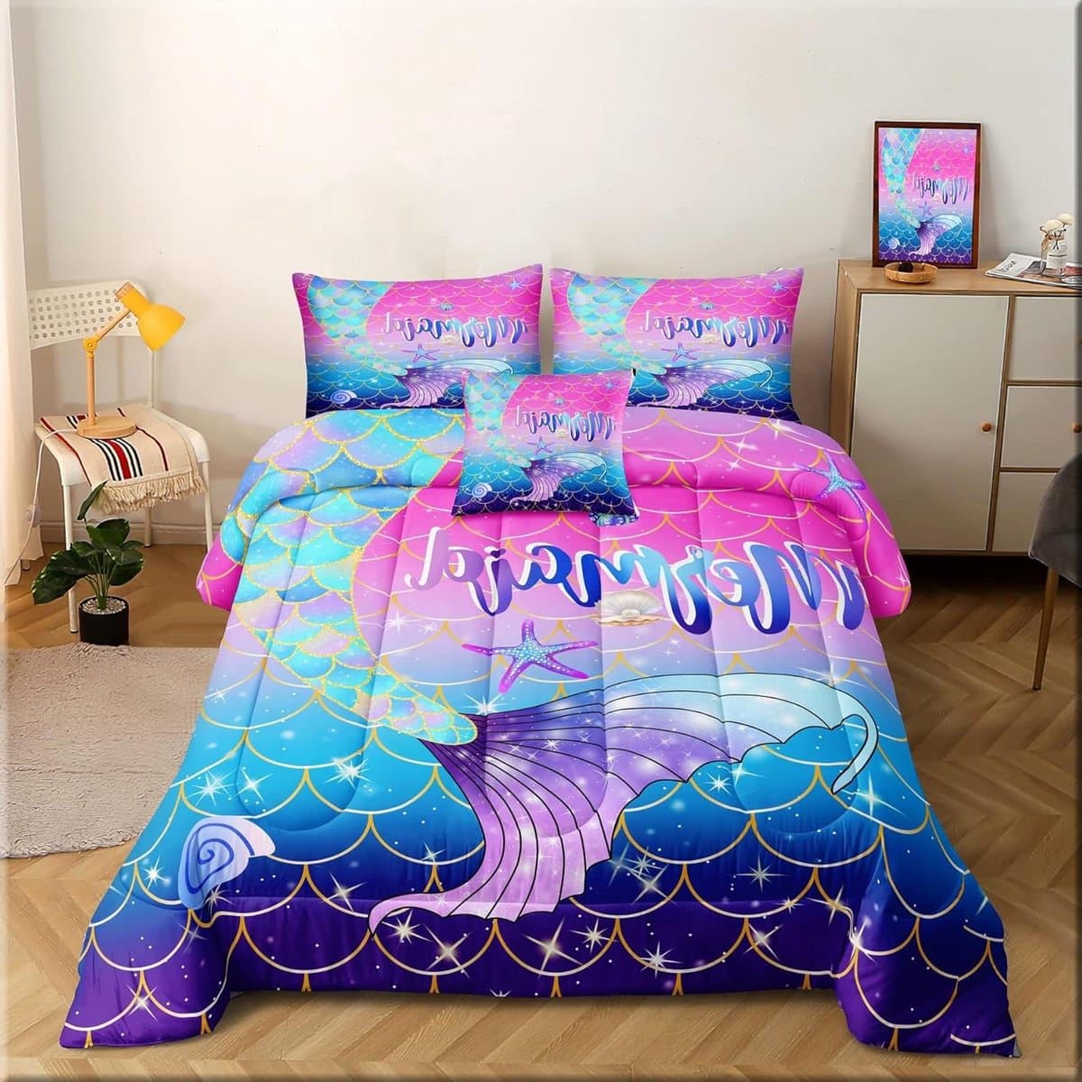 Zeemeermin Dekbed Set - Meisjes Beddengoed - Slaapkamer Decoratie - Glitter Schaal Patroon - Queen Size 6 Delig