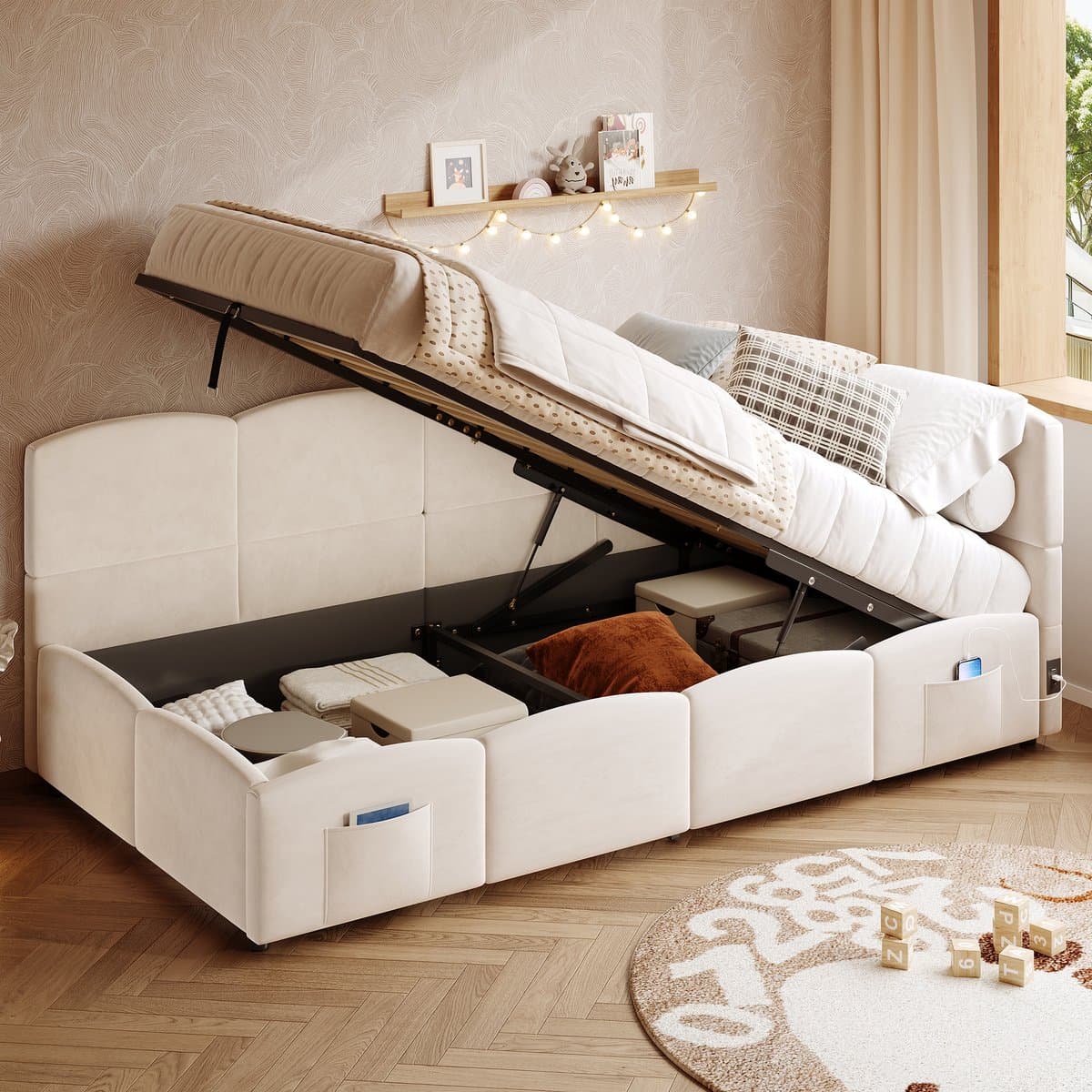 MIVRAY Slaapbank 90x190 cm - Eenpersoonsbed Met Opbergruimte En Usb Aansluitingen - Zonder Matras - Fluweel - Beige
