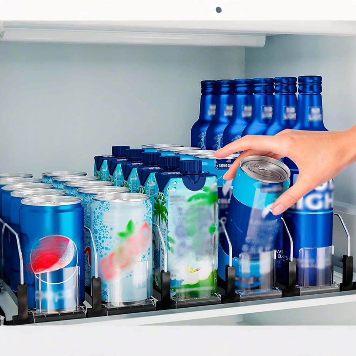 OmGoods - Dailygoody - Automatische drankduwer - Blikjes organizer - Verstelbaar voor koelkast - Zwart - Zelfduwend - Geschikt voor 12 oz tot 20 oz blikjes - In