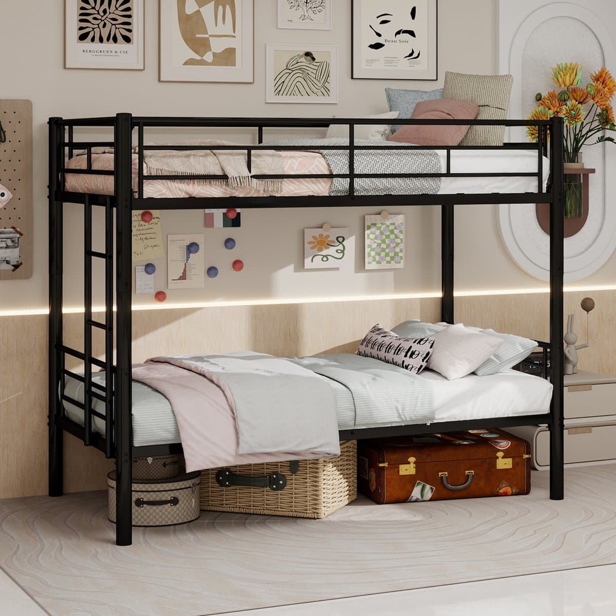 Wishdor Metalen Stapelbed 90x190 cm - Om te Bouwen tot 2 Losse Bedden - Inclusief Lattenbodems - Zwart