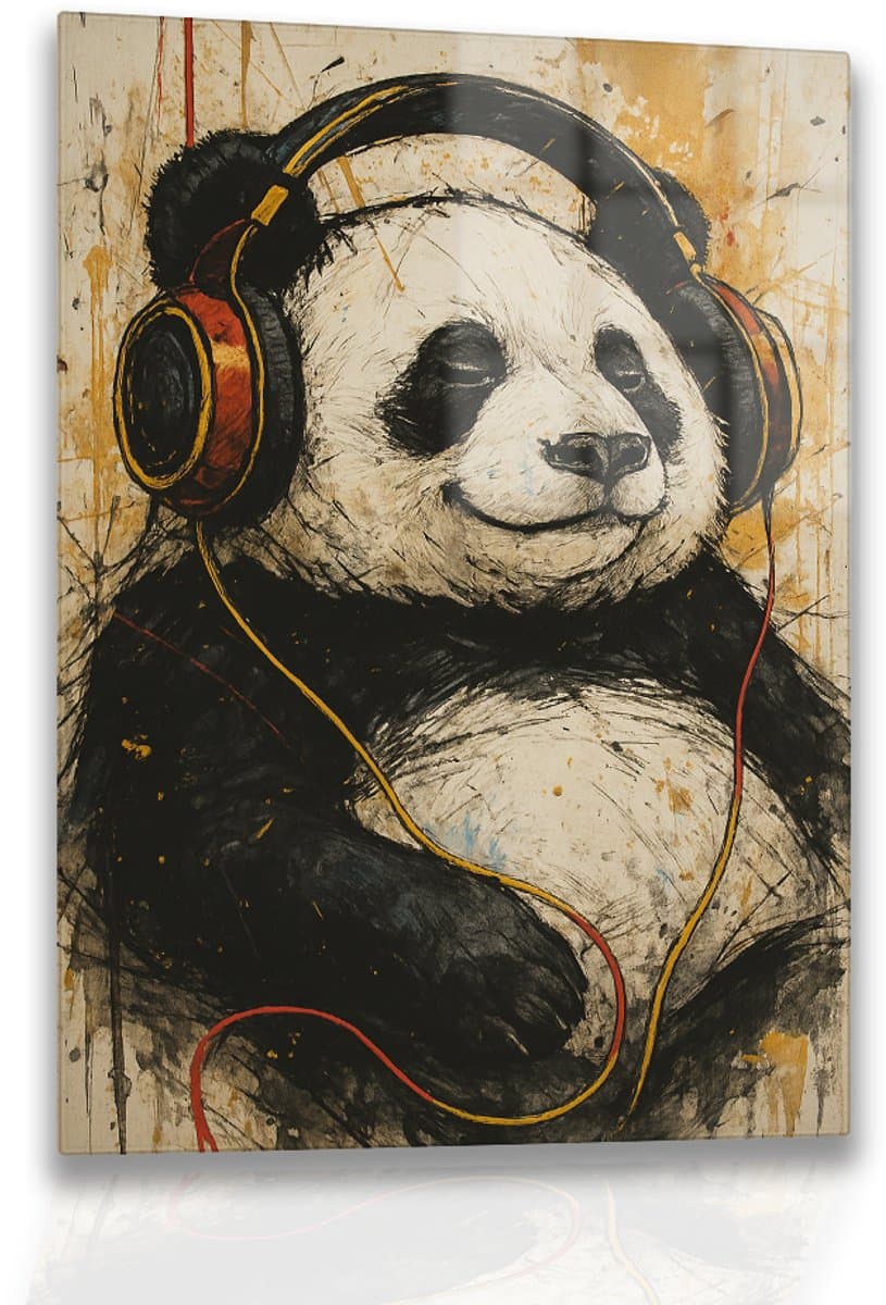 Panda met koptelefoon - Plexiglas - Acrylglas - Glasschilderij
