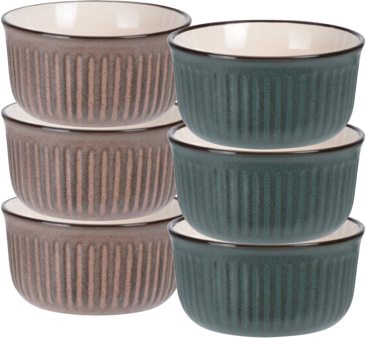 Soepkom Striped - set 6x - bruin / groen - 14 x 7 cm - keramiek - kommetjes - 500 ml