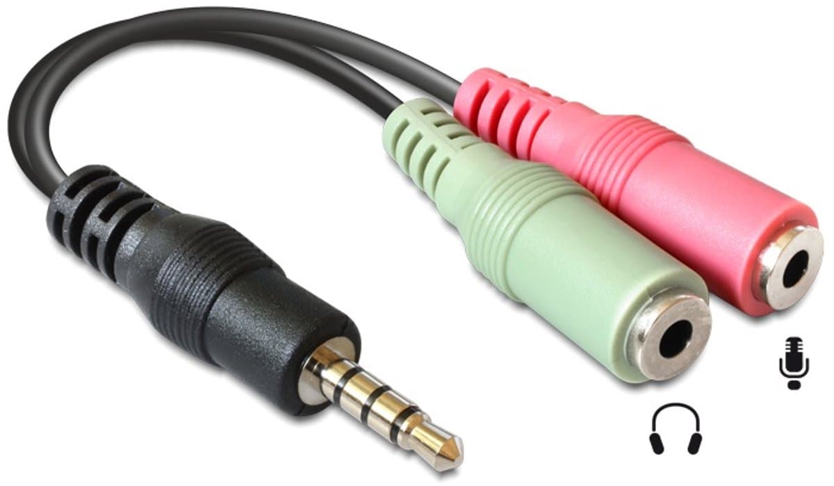 3,5mm 4-polig > 2x 3,5mm headset adapter (OMTP) - zwart - 0,10 meter